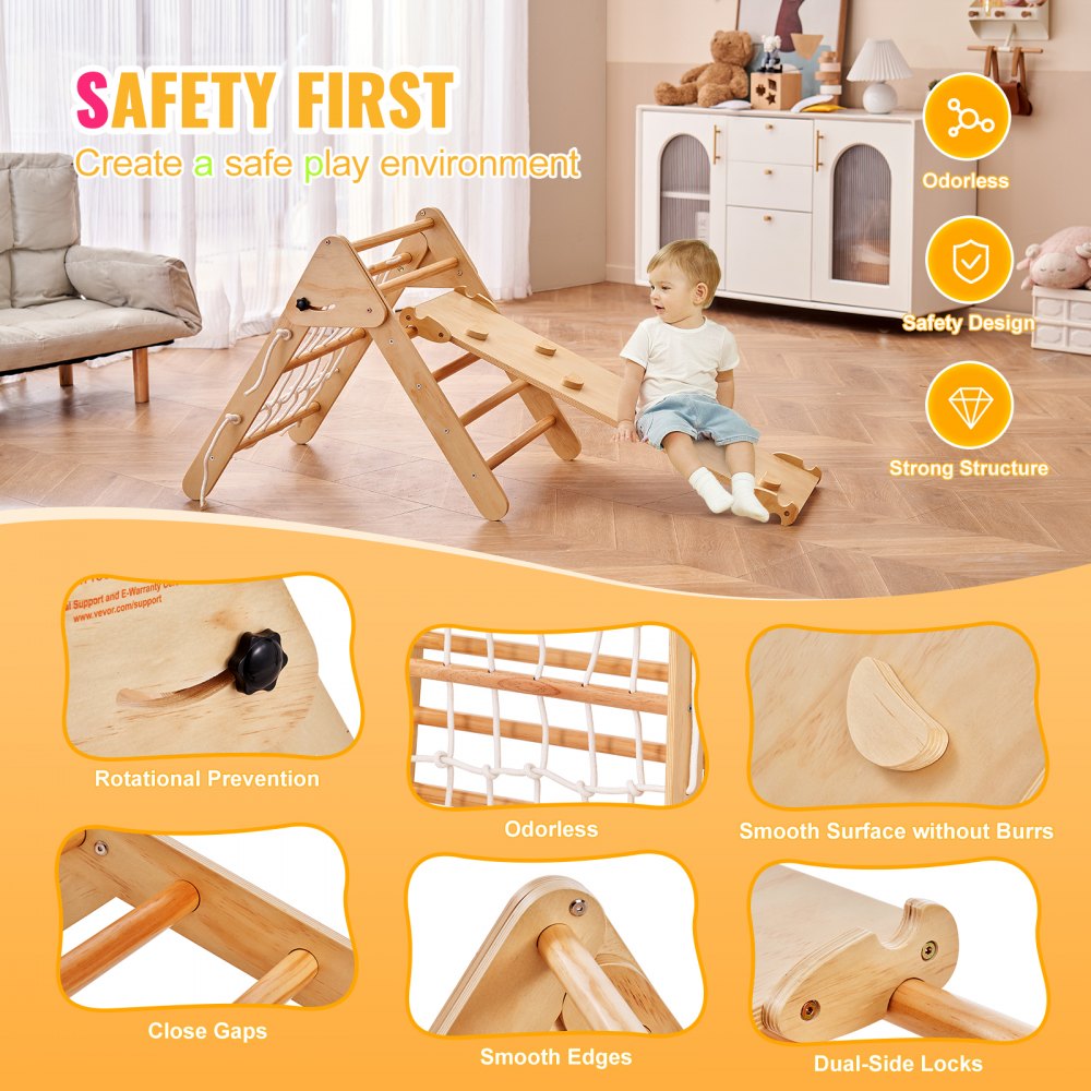 Pikler Triangle Set, 4 in 1 Toddler Climbing Toys Indoor Playground, Large Size Wooden Climbing Gym for Toddlers 1-3 Years, Montessori Climbing Set with Triangle and Ramp, Wood Color