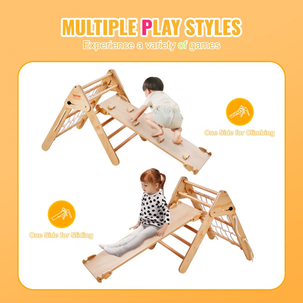Pikler Triangle Set, 4 in 1 Toddler Climbing Toys Indoor Playground, Large Size Wooden Climbing Gym for Toddlers 1-3 Years, Montessori Climbing Set with Triangle and Ramp, Wood Color