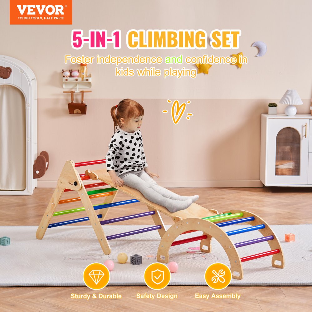 Pikler Triangle Set, 5 in 1 Toddler Climbing Toys Indoor Playground, Large Size Wooden Climbing Gym for Toddlers 1-3 Years, Montessori Climbing Set with Triangle, Ramp, and Arch, Colorful