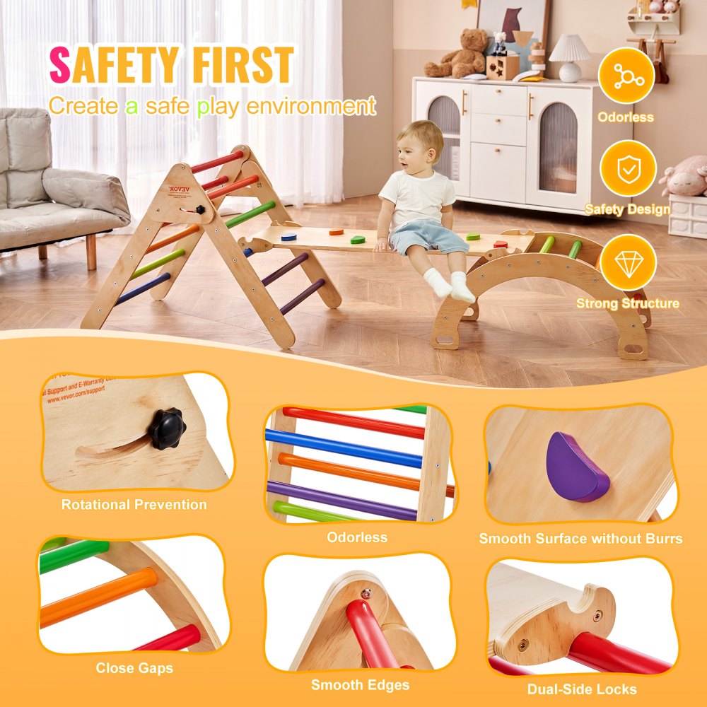 Pikler Triangle Set, 5 in 1 Toddler Climbing Toys Indoor Playground, Large Size Wooden Climbing Gym for Toddlers 1-3 Years, Montessori Climbing Set with Triangle, Ramp, and Arch, Colorful