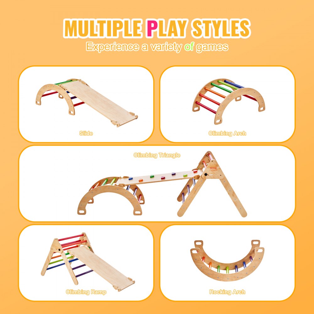 Pikler Triangle Set, 5 in 1 Toddler Climbing Toys Indoor Playground, Large Size Wooden Climbing Gym for Toddlers 1-3 Years, Montessori Climbing Set with Triangle, Ramp, and Arch, Colorful