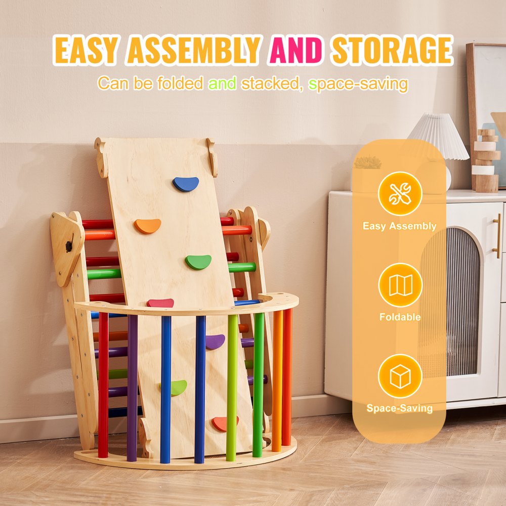 Pikler Triangle Set, 5 in 1 Toddler Climbing Toys Indoor Playground, Large Size Wooden Climbing Gym for Toddlers 1-3 Years, Montessori Climbing Set with Triangle, Ramp, and Arch, Colorful