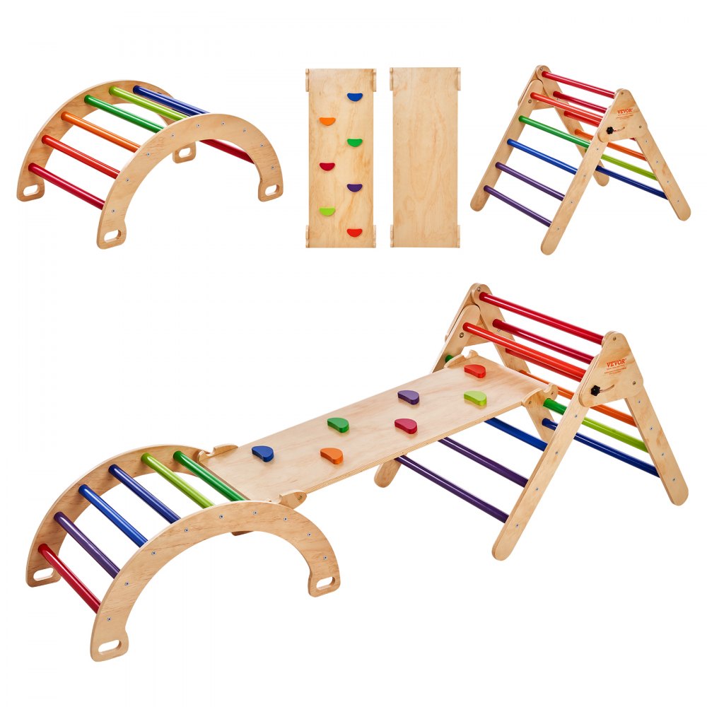 Pikler Triangle Set, 5 in 1 Toddler Climbing Toys Indoor Playground, Large Size Wooden Climbing Gym for Toddlers 1-3 Years, Montessori Climbing Set with Triangle, Ramp, and Arch, Colorful