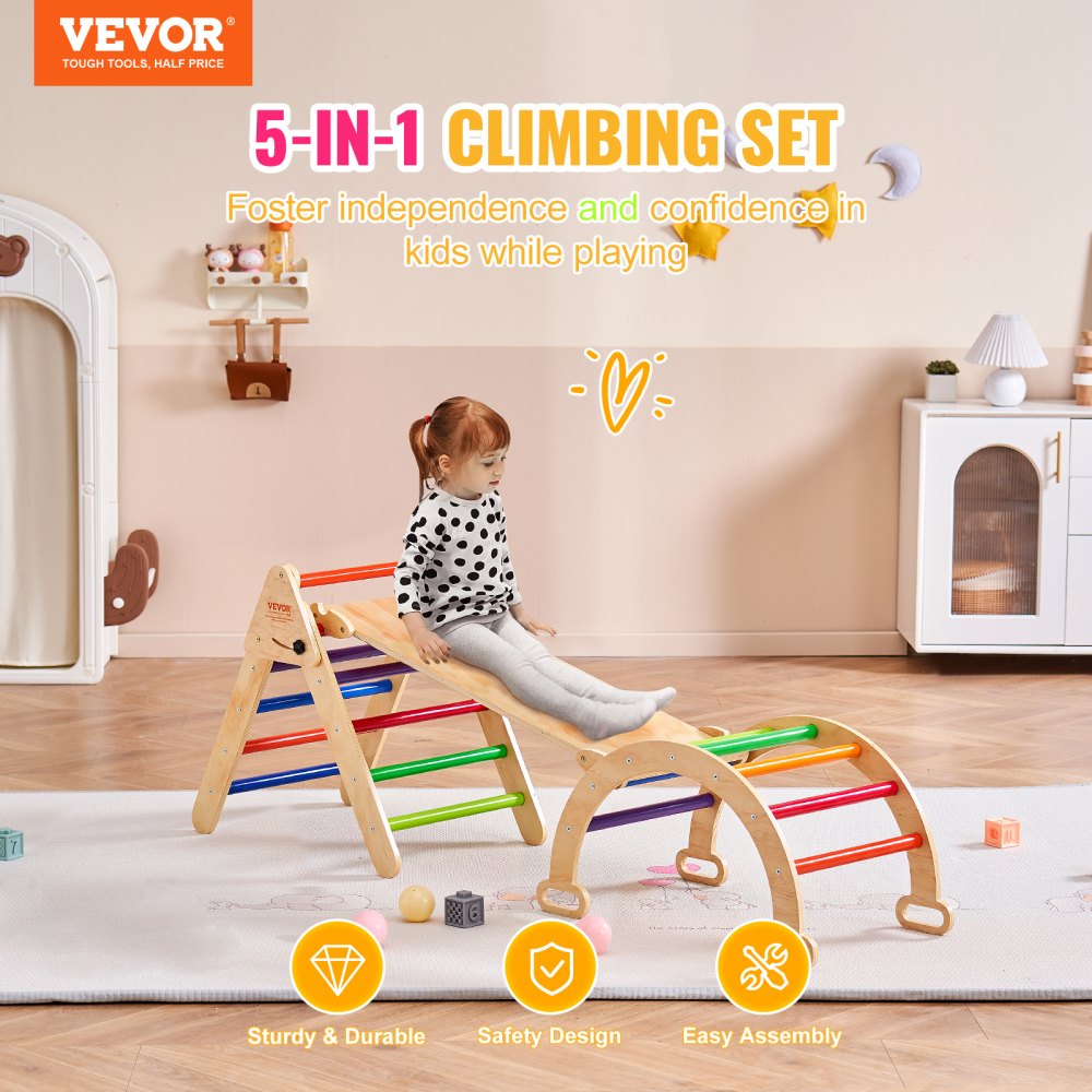 Pikler Triangle Set, 5 in 1 Toddler Climbing Toys Indoor Playground, Ramp, and Arch, Montessori Climbing Set with Triangle, Medium Size Wooden Climbing Gym for Toddlers 1-3 Years, Colorful