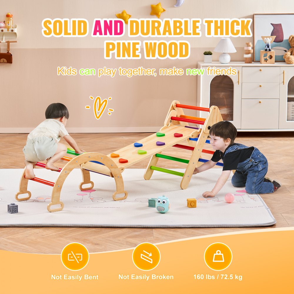 Pikler Triangle Set, 5 in 1 Toddler Climbing Toys Indoor Playground, Ramp, and Arch, Montessori Climbing Set with Triangle, Medium Size Wooden Climbing Gym for Toddlers 1-3 Years, Colorful