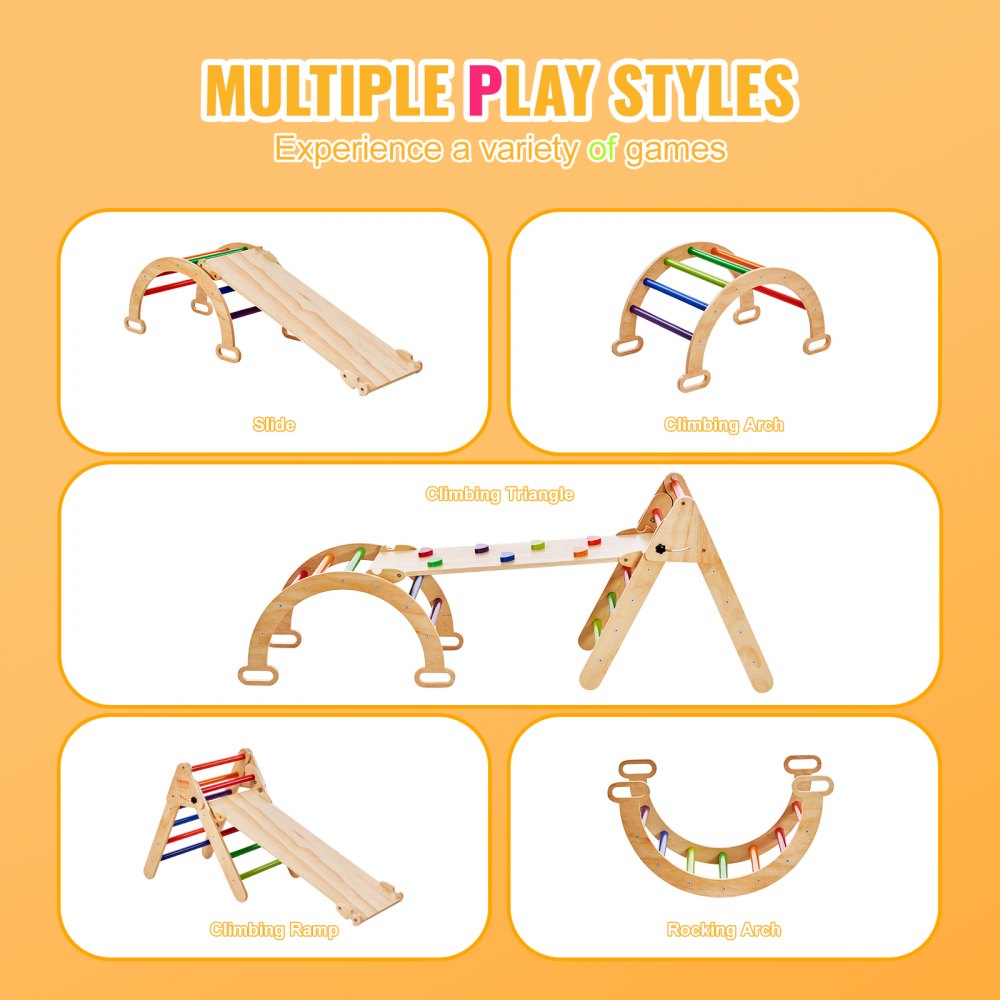 Pikler Triangle Set, 5 in 1 Toddler Climbing Toys Indoor Playground, Ramp, and Arch, Montessori Climbing Set with Triangle, Medium Size Wooden Climbing Gym for Toddlers 1-3 Years, Colorful