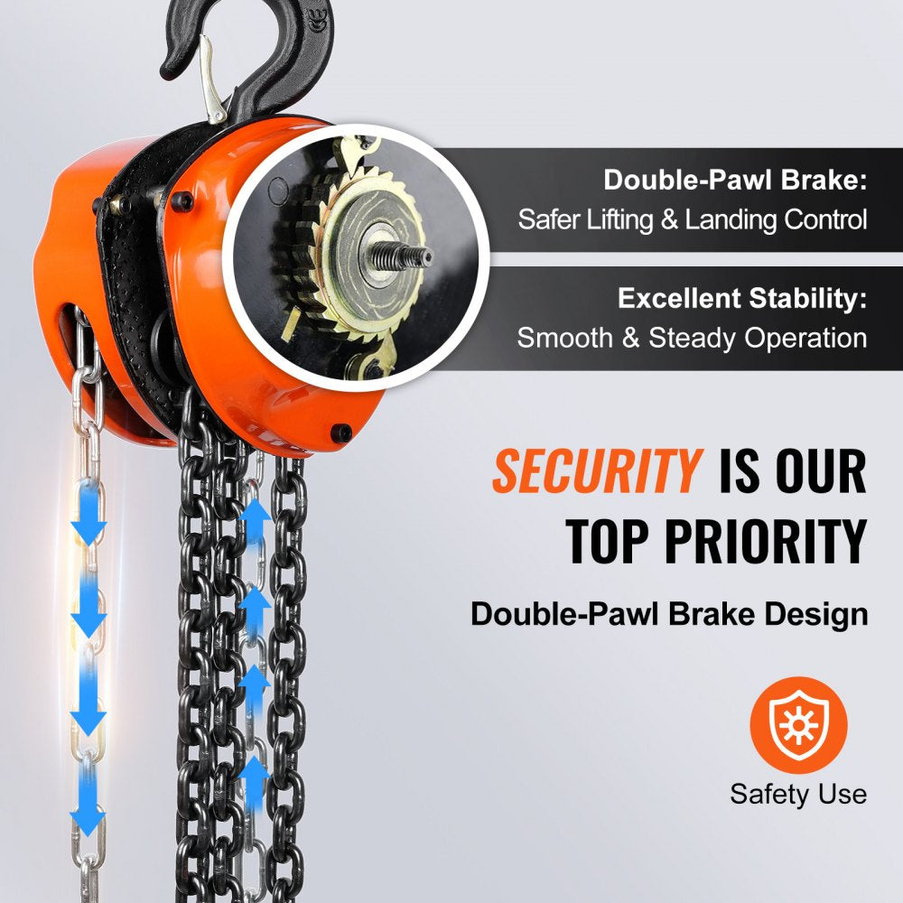 Hand Chain Hoist, 1 Ton 2200 lbs Capacity 20 FT Come Along, G80 Galvanized Carbon Steel with Double-Pawl Brake, Auto Chain Leading & 360° Rotation Hook, for Garage Factory Dock