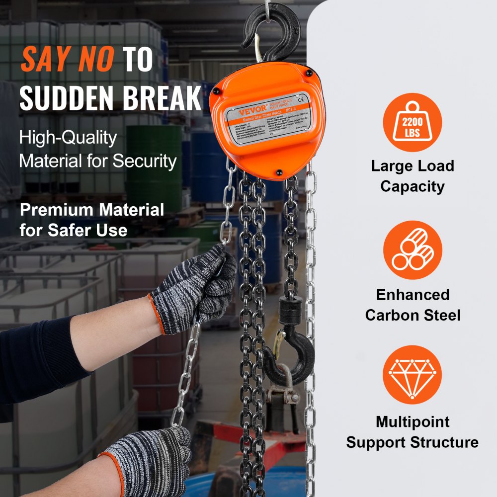 Hand Chain Hoist, 1 Ton 2200 lbs Capacity 20 FT Come Along, G80 Galvanized Carbon Steel with Double-Pawl Brake, Auto Chain Leading & 360° Rotation Hook, for Garage Factory Dock