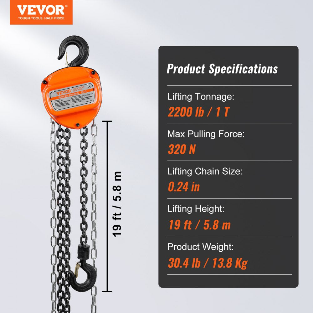 Hand Chain Hoist, 1 Ton 2200 lbs Capacity 20 FT Come Along, G80 Galvanized Carbon Steel with Double-Pawl Brake, Auto Chain Leading & 360° Rotation Hook, for Garage Factory Dock