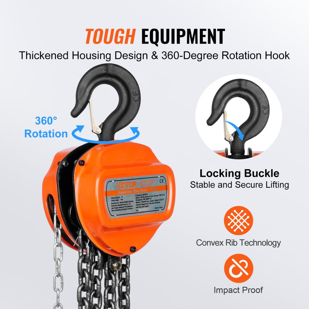 2 Ton Hand Chain Hoist 10 FT Come Along, 4400 lbs Capacity G80 Galvanized Carbon Steel with Double-Pawl Brake, Auto Chain Leading & 360° Rotation Hook, for Garage Factory Dock