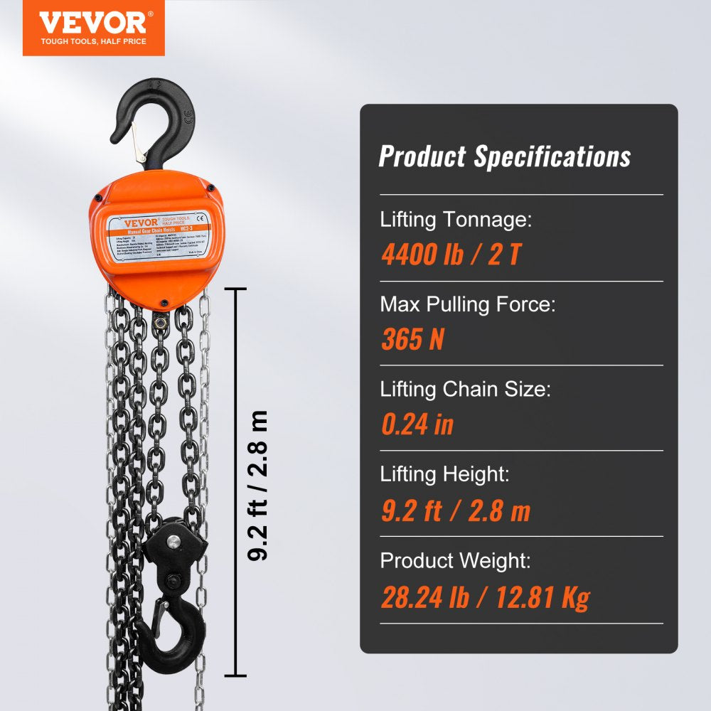 2 Ton Hand Chain Hoist 10 FT Come Along, 4400 lbs Capacity G80 Galvanized Carbon Steel with Double-Pawl Brake, Auto Chain Leading & 360° Rotation Hook, for Garage Factory Dock