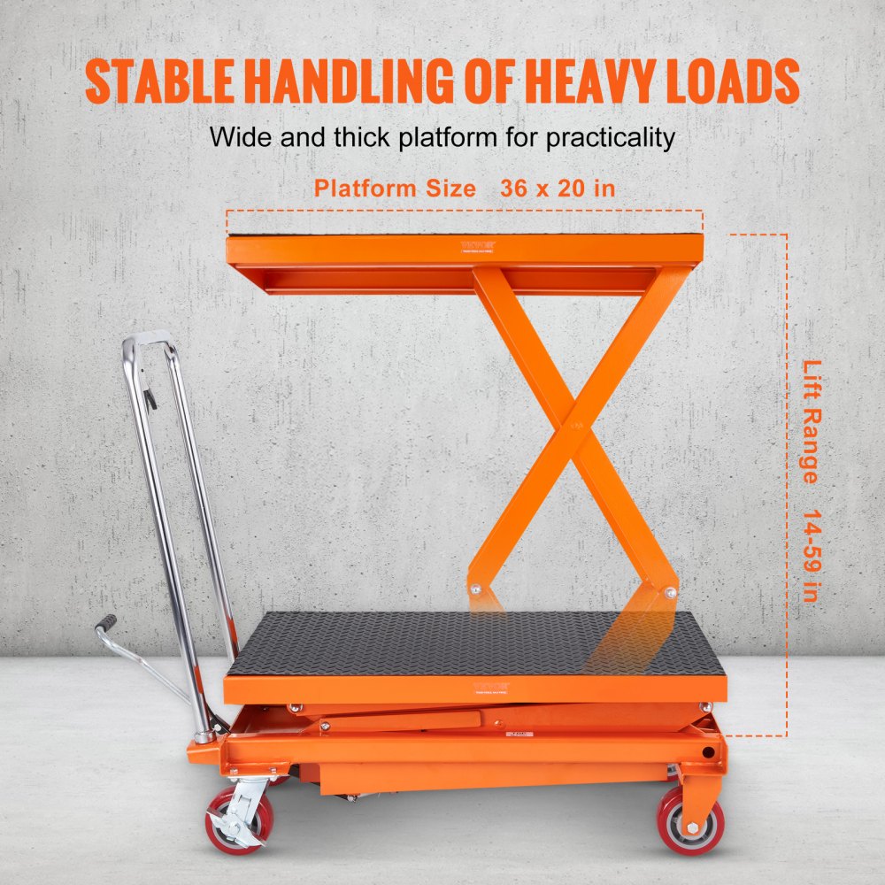 Hydraulic Lift Table Cart, 770lbs Capacity 59" Lifting Height, Manual Double Scissor Lift Table with 4 Wheels and Non-slip Pad, Hydraulic Scissor Cart for Material Handling and Transportation