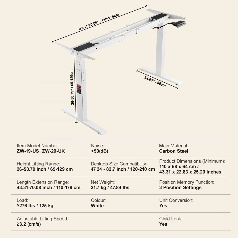 Standing Desk Frame Dual Motor, Adjustable 26"-50.8" Height & 43.3"-70.1" Length Electric Stand Up Computer Desk Legs, Ergonomic DIY Workstation Base for Home Office 3 Positions (Frame Only)