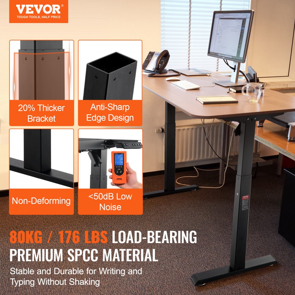 Standing Desk Frame, Adjustable 27.6-46.1 inch Height & 35.4-53.2 inch Length Electric Stand Up Computer Desk Legs, Ergonomic DIY Workstation Base for Home and Office (Black Frame Only)