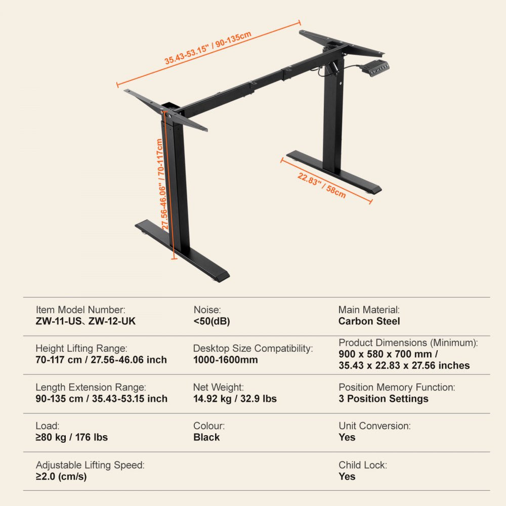 Standing Desk Frame, Adjustable 27.6-46.1 inch Height & 35.4-53.2 inch Length Electric Stand Up Computer Desk Legs, Ergonomic DIY Workstation Base for Home and Office (Black Frame Only)