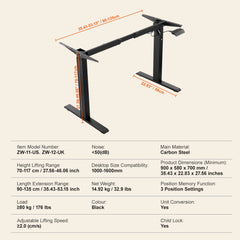 Standing Desk Frame, Adjustable 27.6-46.1 inch Height & 35.4-53.2 inch Length Electric Stand Up Computer Desk Legs, Ergonomic DIY Workstation Base for Home and Office (Black Frame Only)