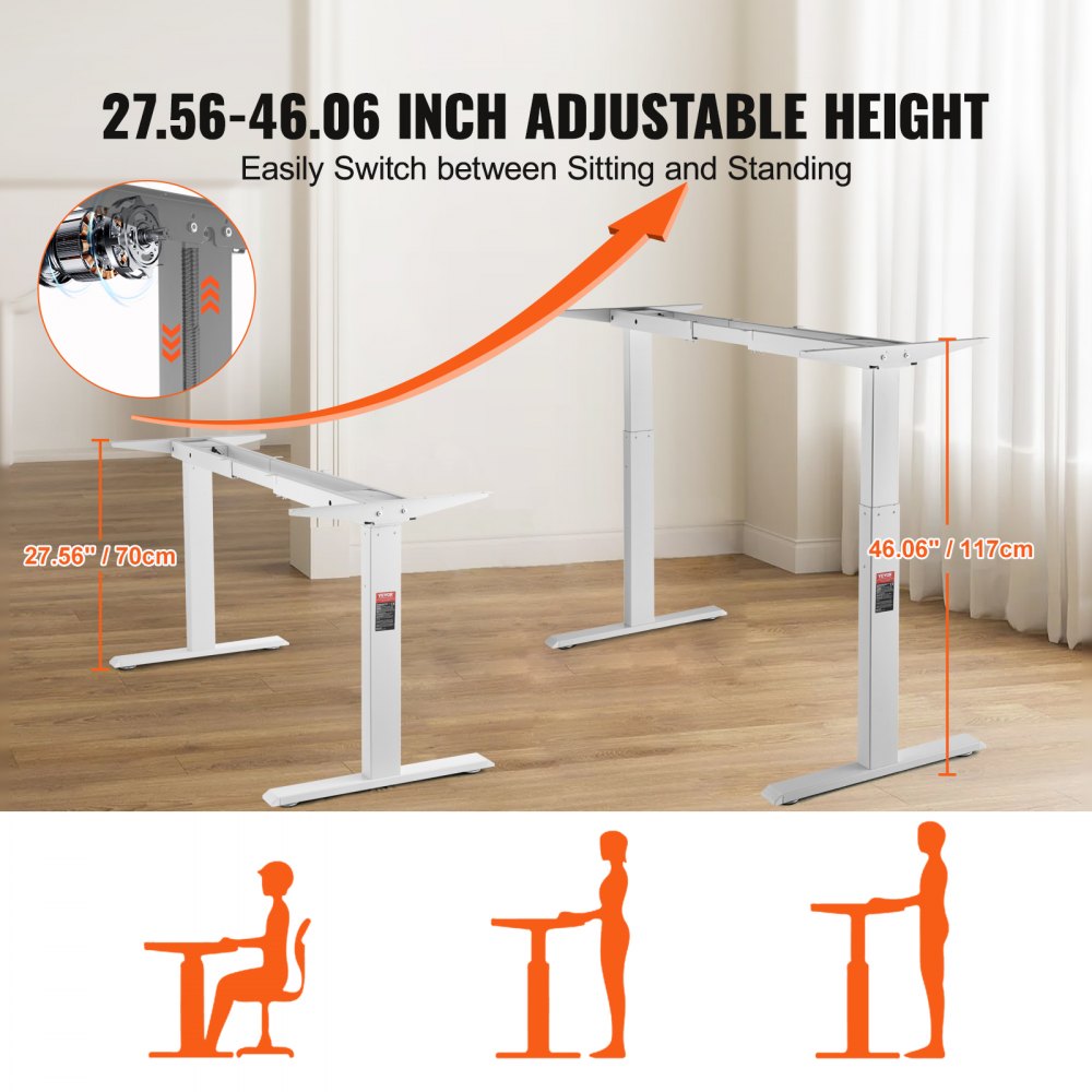 Standing Desk Frame Dual Motor, Adjustable 27.6"-46.1" Height & 43.3"-70.1" Length Electric Stand Up Computer Desk Legs, Ergonomic DIY Workstation Base for Home and Office (White Frame Only)