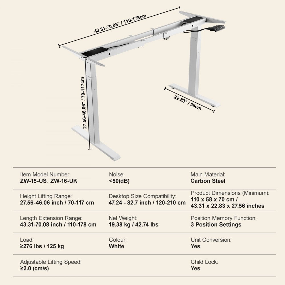Standing Desk Frame Dual Motor, Adjustable 27.6"-46.1" Height & 43.3"-70.1" Length Electric Stand Up Computer Desk Legs, Ergonomic DIY Workstation Base for Home and Office (White Frame Only)