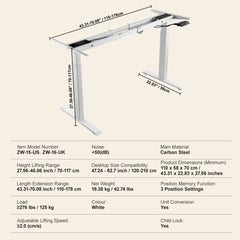 Standing Desk Frame Dual Motor, Adjustable 27.6"-46.1" Height & 43.3"-70.1" Length Electric Stand Up Computer Desk Legs, Ergonomic DIY Workstation Base for Home and Office (White Frame Only)