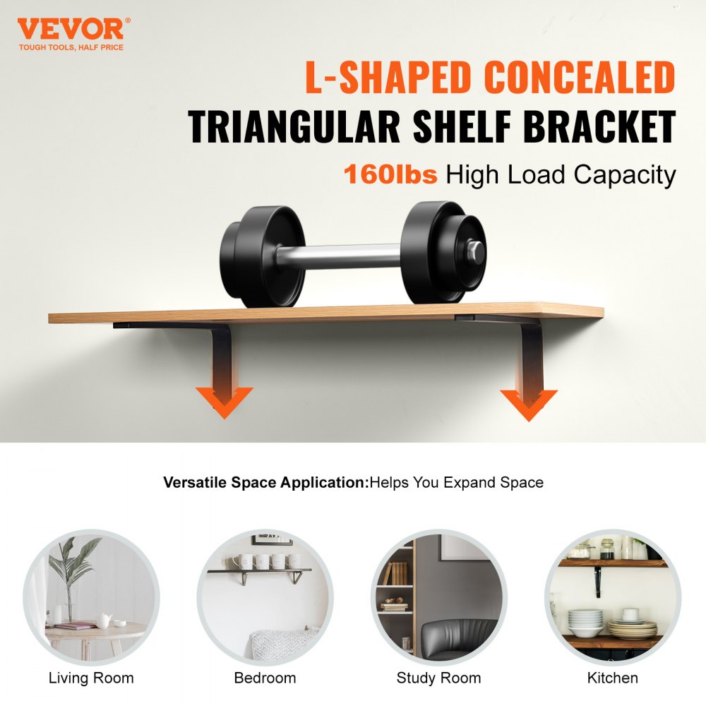 Shelf Bracket, Heavy Duty Floating Shelf Brackets 10 x 6 in, 4 Pcs Brackets for Shelves, 5mm Thick Matte Black L Shelf Bracket,Steel Shelving Brackets with 160 lbs Load Capacity