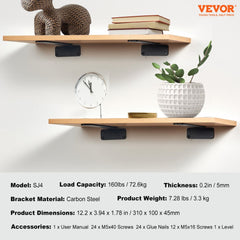 Shelf Bracket, 12”L x 4”W x 1.6”H 6 Pcs, Heavy Duty Floating Shelf Brackets, Brackets for Shelves, 5mm Thick Matte Black L Shelf Bracket,Steel Shelving Brackets with 160 lbs Load Capacity
