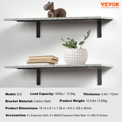 Shelf Bracket, 16 x 6 in 4 Pcs, Heavy Duty Floating Shelf Brackets, Brackets for Shelves, 10mm Thick Matte Black L Shelf Bracket,Steel Shelving Brackets with 160 lbs Load Capacity