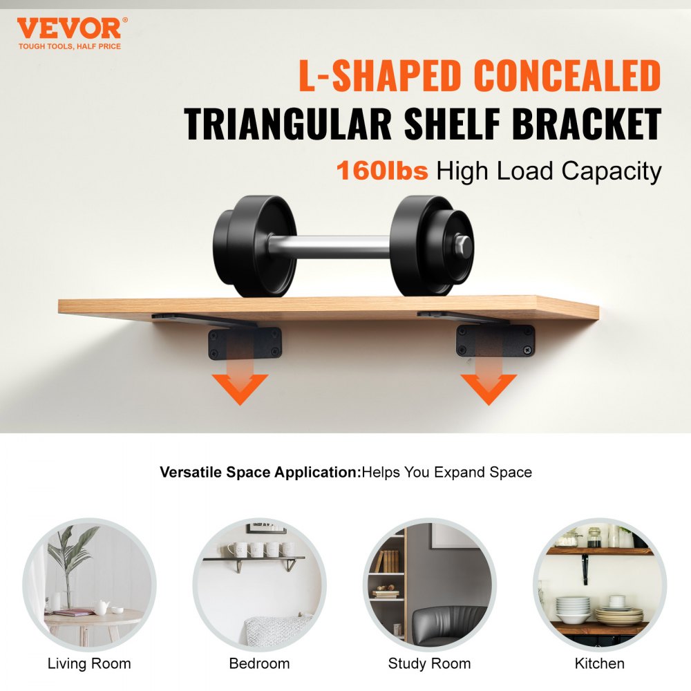 Shelf Bracket, 6”L x 4”W x 1.6”H 6 Pcs, Heavy Duty Floating Shelf Brackets, Brackets for Shelves, 5mm Thick Matte Black L Shelf Bracket,Steel Shelving Brackets with 160 lbs Load Capacity