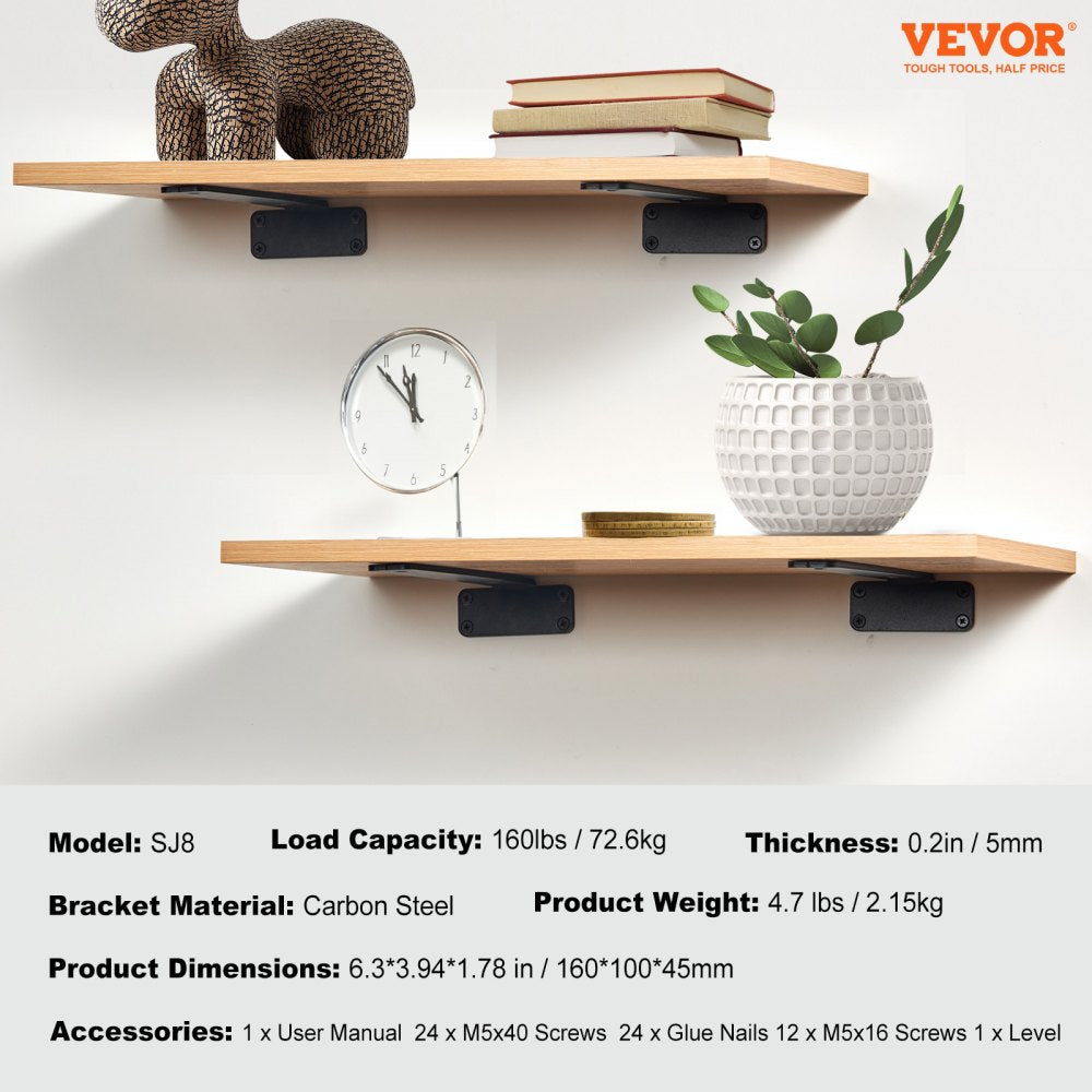 Shelf Bracket, 6”L x 4”W x 1.6”H 6 Pcs, Heavy Duty Floating Shelf Brackets, Brackets for Shelves, 5mm Thick Matte Black L Shelf Bracket,Steel Shelving Brackets with 160 lbs Load Capacity