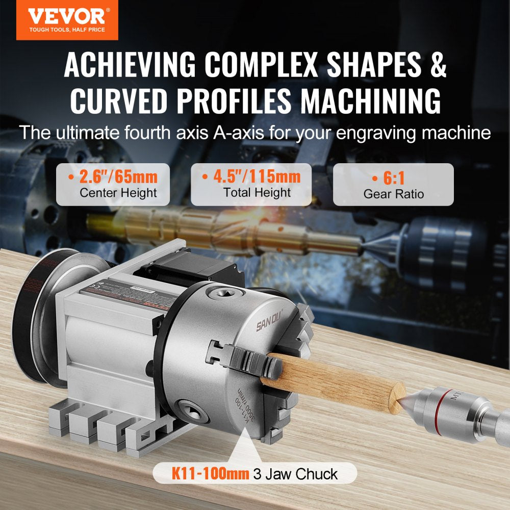 Bostome CNC Dividing Head with K11-100mm 3-jaw chuck and Nema23 stepper motor for precision machining.