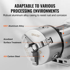 Bostome CNC Dividing Head with K11-100mm 3-jaw chuck and Nema23 stepper motor for precision machining.