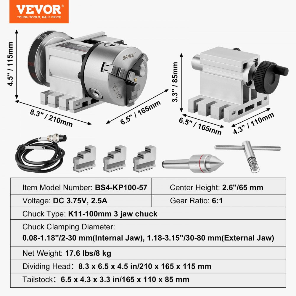 Bostome CNC Dividing Head with 3-jaw chuck and Nema23 stepper motor for precision machining.