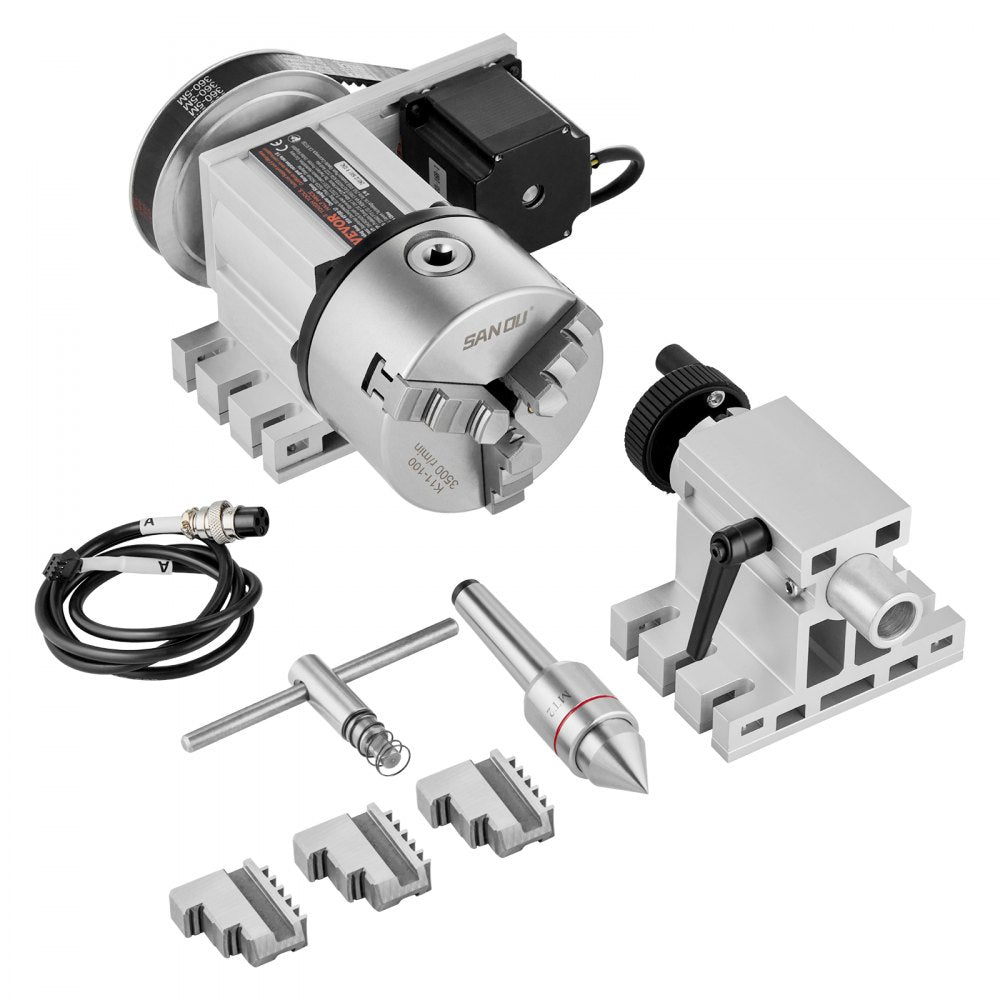 Bostome CNC Dividing Head with K11-100mm 3-jaw chuck and Nema23 stepper motor for precision machining.