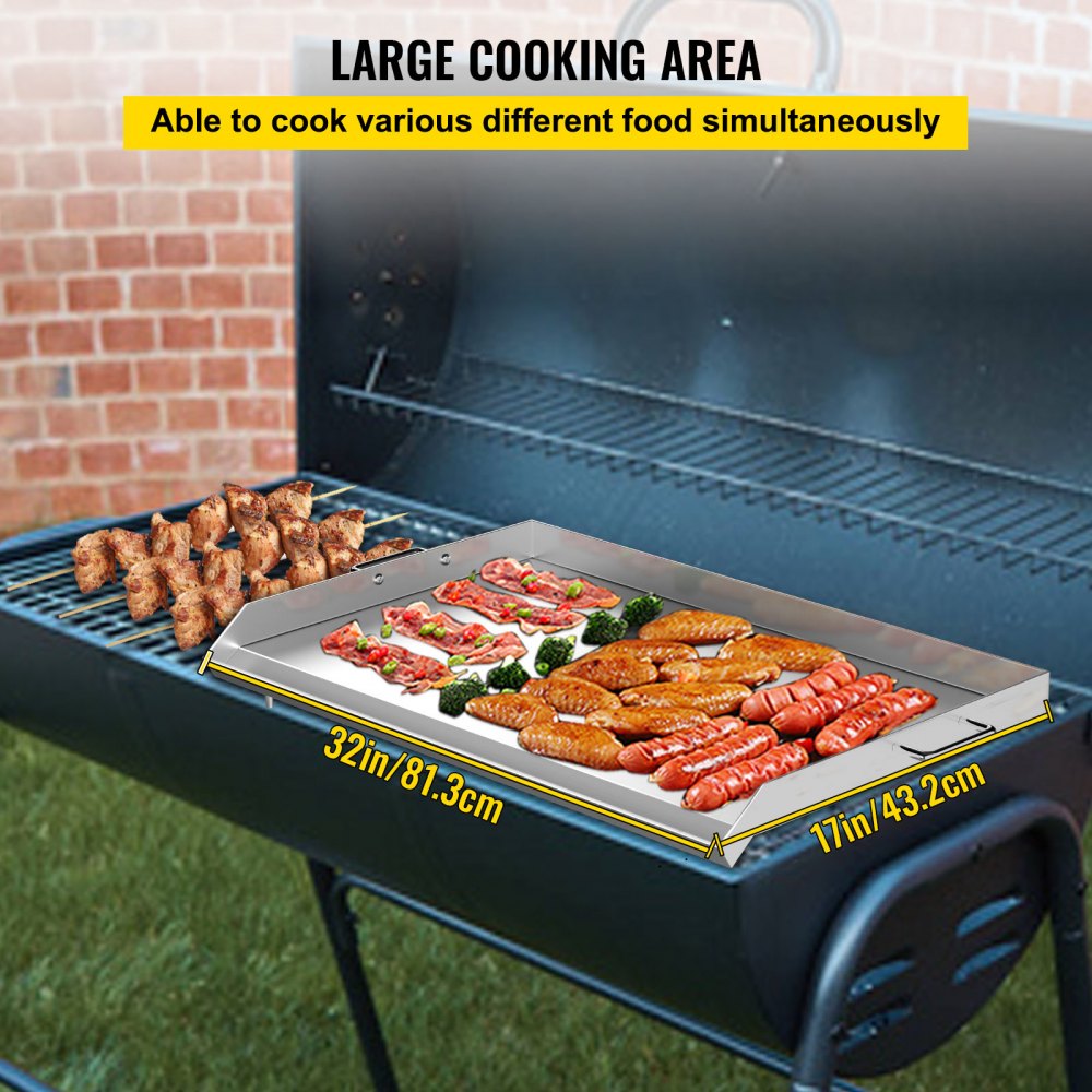 Stainless Steel Griddle,32" X 17" Universal Flat Top Rectangular Plate , BBQ Charcoal/Gas Grill with 2 Handles and Grease Groove with Hole，Grills for Camping, Tailgating and Parties .