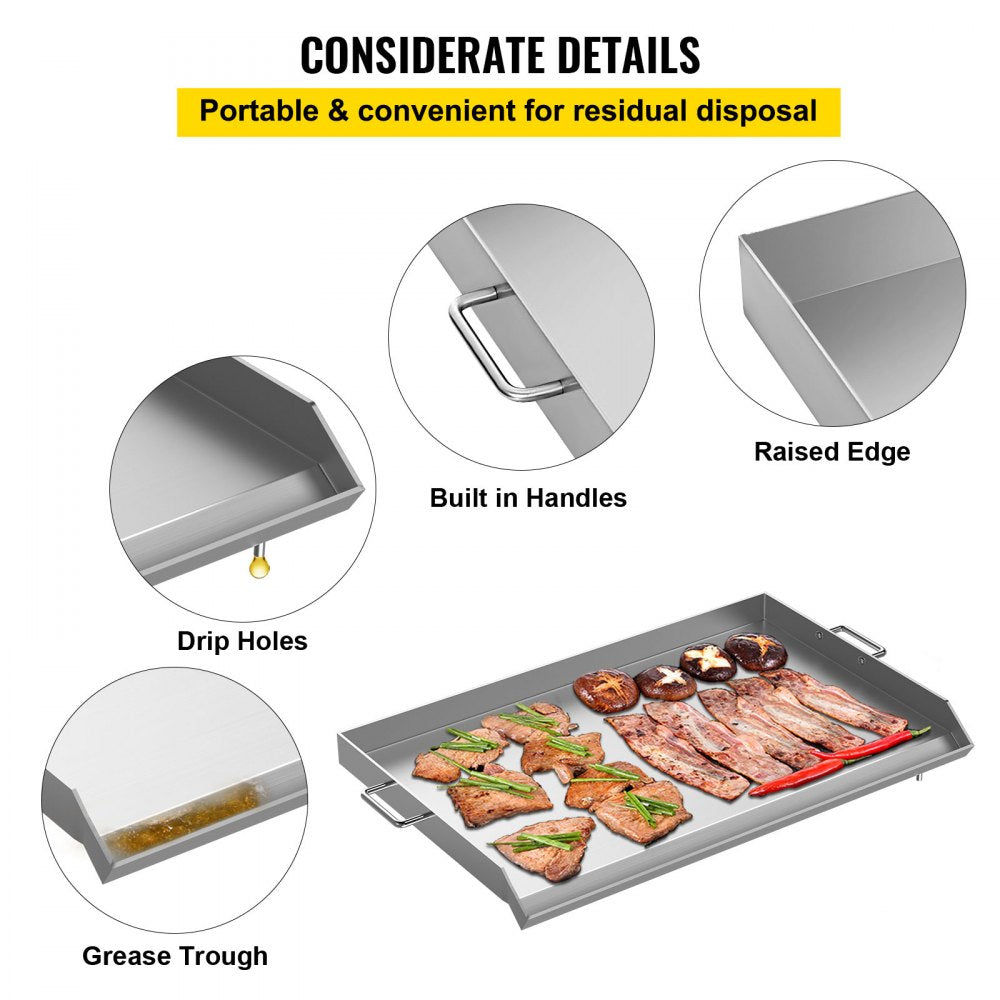 Stainless Steel Griddle,32" X 17" Universal Flat Top Rectangular Plate , BBQ Charcoal/Gas Grill with 2 Handles and Grease Groove with Hole，Grills for Camping, Tailgating and Parties .