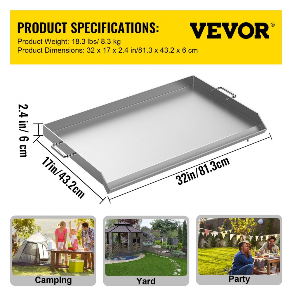 Stainless Steel Griddle,32" X 17" Universal Flat Top Rectangular Plate , BBQ Charcoal/Gas Grill with 2 Handles and Grease Groove with Hole，Grills for Camping, Tailgating and Parties .