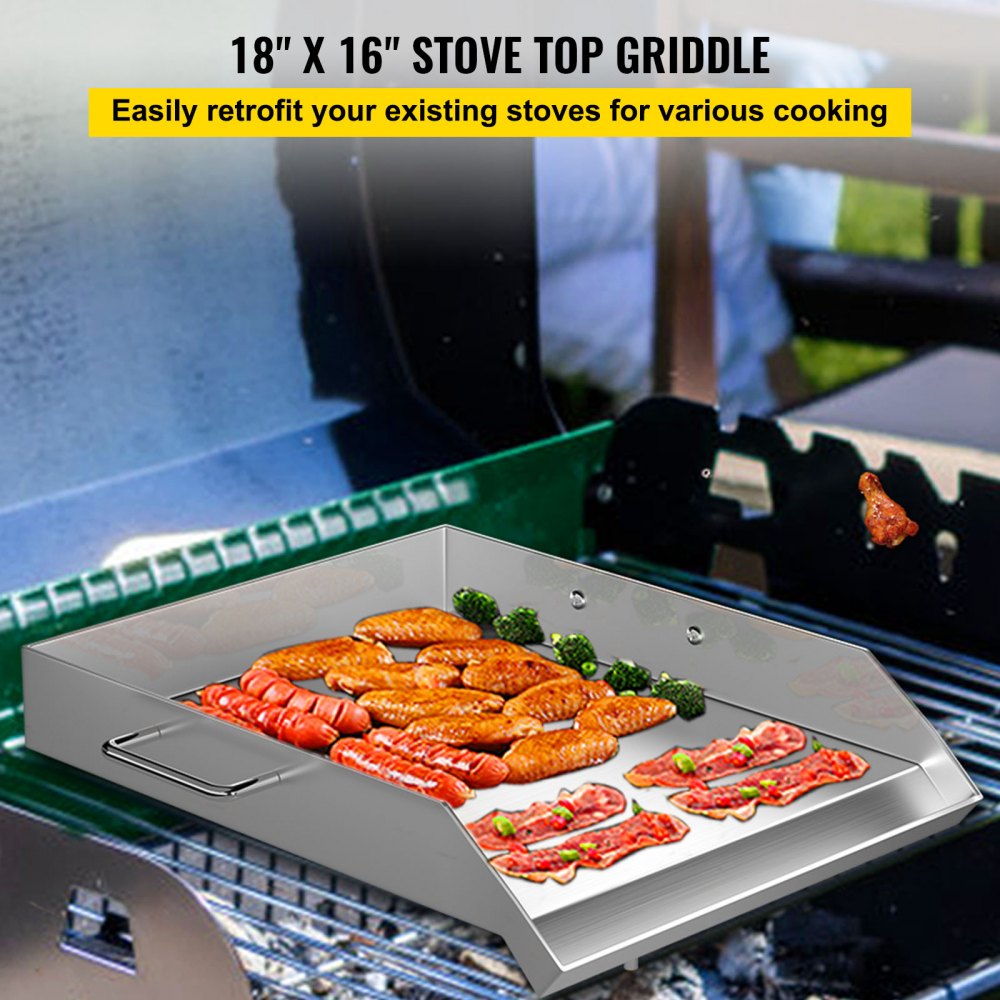 Stainless Steel Griddle,18" X 16" Universal Flat Top Rectangular Plate, BBQ Charcoal/Gas Grill with 2 Handles and Grease Groove with Hole，Grills for Camping, Tailgating and Parties