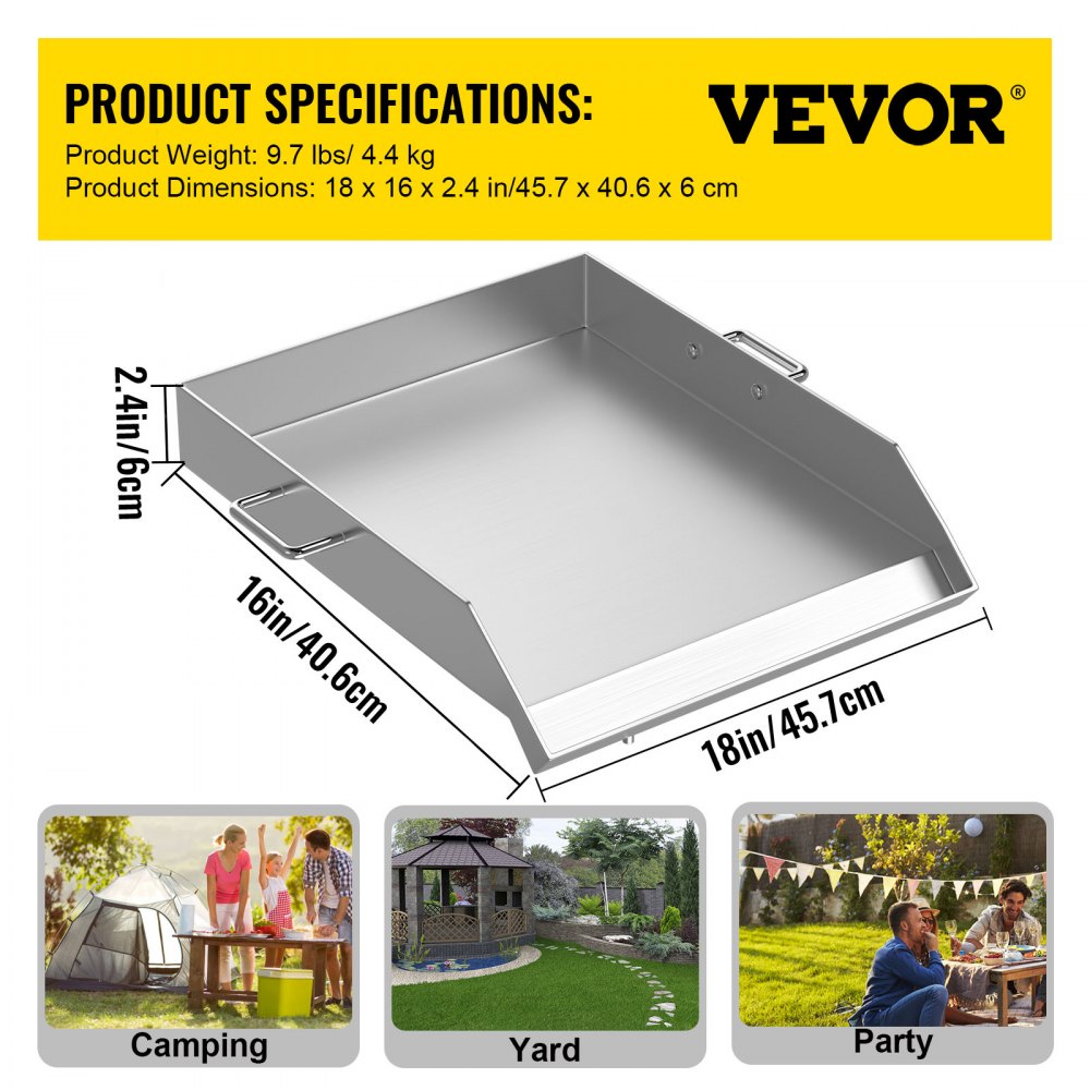 Stainless Steel Griddle,18" X 16" Universal Flat Top Rectangular Plate, BBQ Charcoal/Gas Grill with 2 Handles and Grease Groove with Hole，Grills for Camping, Tailgating and Parties