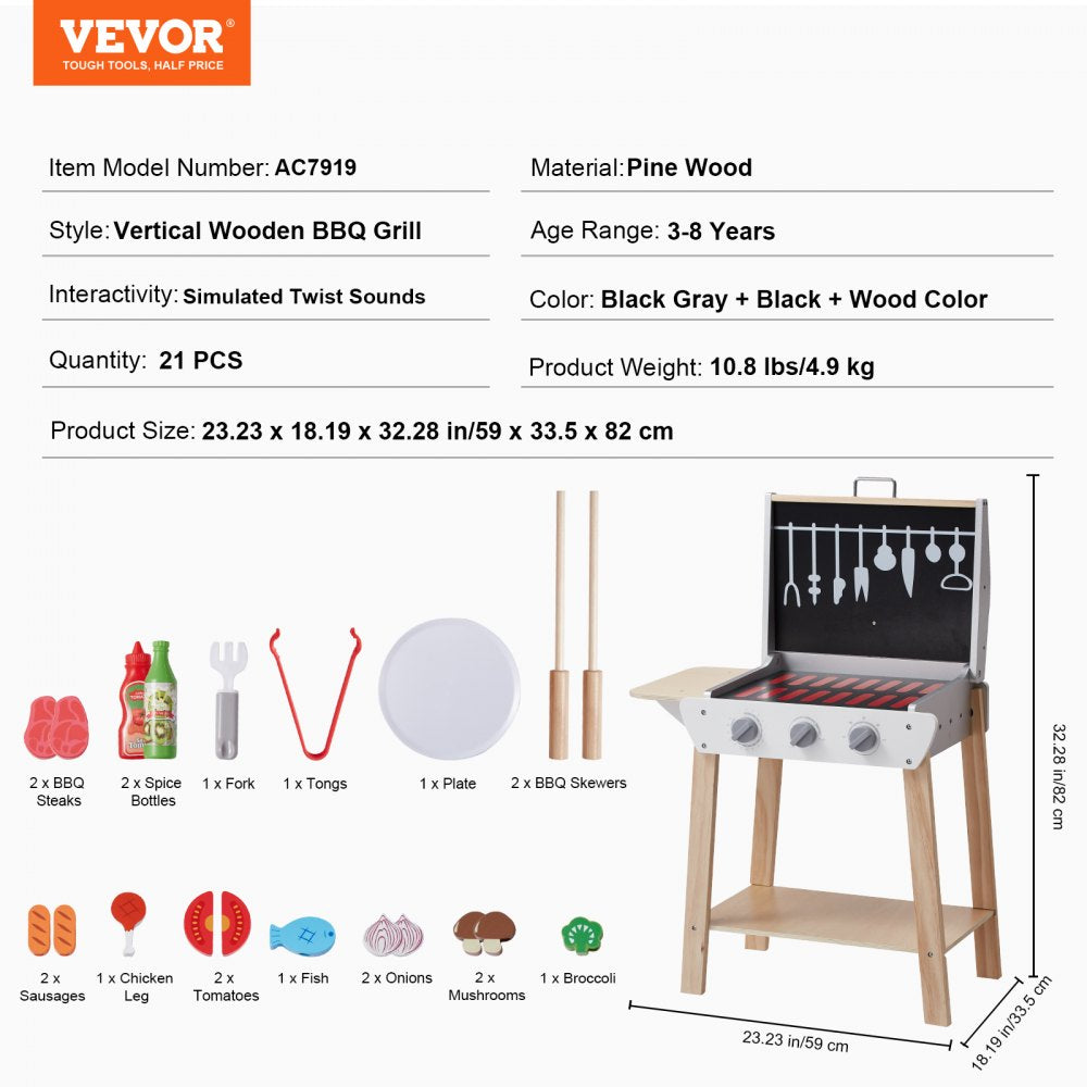 21 PCS Kids BBQ Grill Playset Wooden Cooking Grill Toy Set Pretend Sound