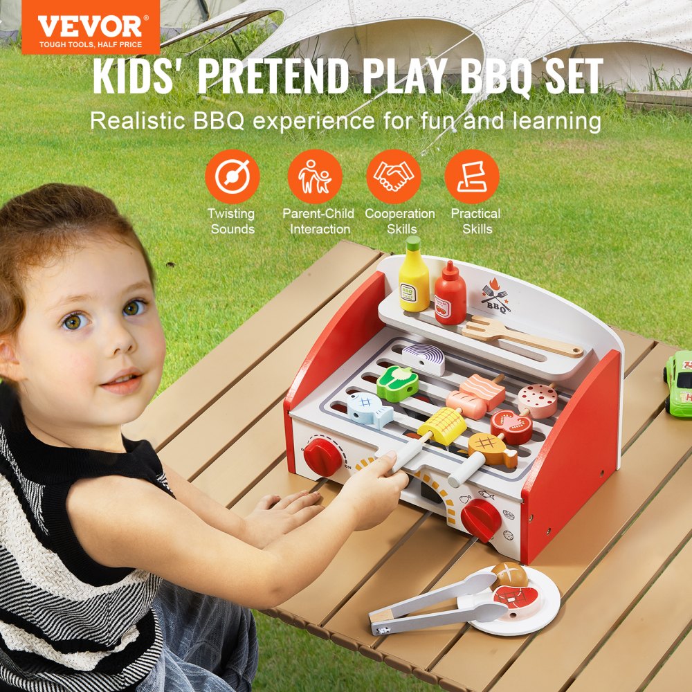 26 PCS Kids BBQ Grill Playset Wooden Cooking Grill Toy Set Pretend Sound
