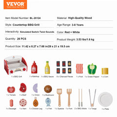 26 PCS Kids BBQ Grill Playset Wooden Cooking Grill Toy Set Pretend Sound