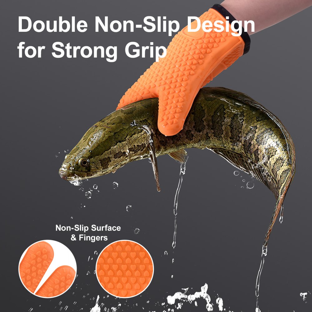 Silicone Smoker Oven Gloves, Non-Slip Heat Resident BBQ Grill Gloves with Fingers, Waterproof & Hangable Design, Easy to Clean & Store, for Grilling, Oven, BBQ, Baking, Frying