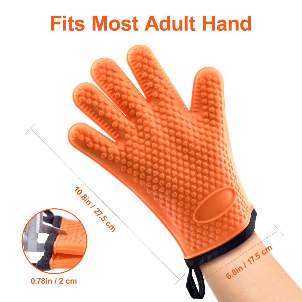 Silicone Smoker Oven Gloves, Non-Slip Heat Resident BBQ Grill Gloves with Fingers, Waterproof & Hangable Design, Easy to Clean & Store, for Grilling, Oven, BBQ, Baking, Frying