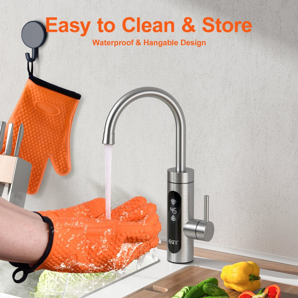 Silicone Smoker Oven Gloves, Non-Slip Heat Resident BBQ Grill Gloves with Fingers, Waterproof & Hangable Design, Easy to Clean & Store, for Grilling, Oven, BBQ, Baking, Frying