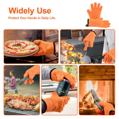 Silicone Smoker Oven Gloves, Non-Slip Heat Resident BBQ Grill Gloves with Fingers, Waterproof & Hangable Design, Easy to Clean & Store, for Grilling, Oven, BBQ, Baking, Frying