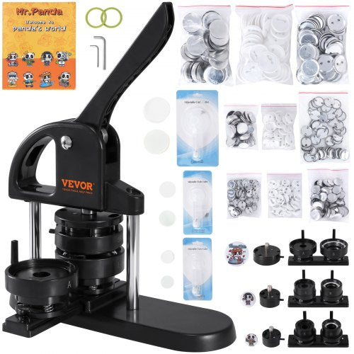 Bostome 3-in-1 Button Maker Machine Kit with pin sizes and a panda-themed coloring book.