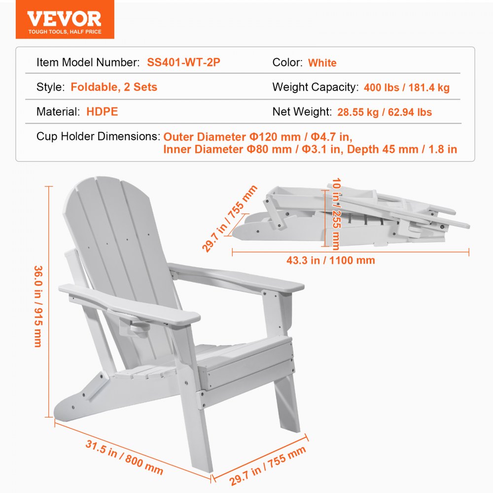 Adirondack Chair Plastic Set of 2 All-Weather Folding Fire Pit White