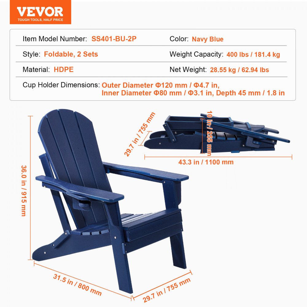 Adirondack Chair Plastic Set of 2 All-Weather Folding Fire Pit Navy Blue