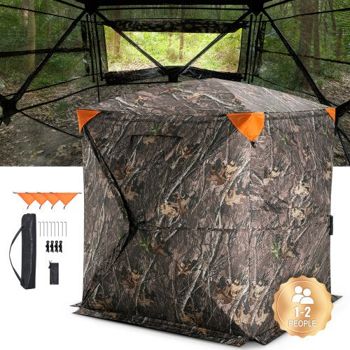 Bostome 270° pop-up hunting blind with camouflage fabric and see-through mesh panels.