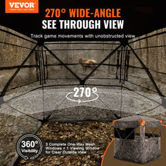 Bostome 270° see-through pop-up hunting blind with camouflage fabric and spacious interior.