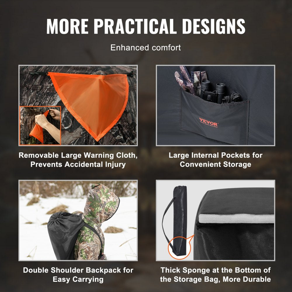 A pop-up hunting blind with 270° see-through mesh panels and camouflage fabric for stealth.